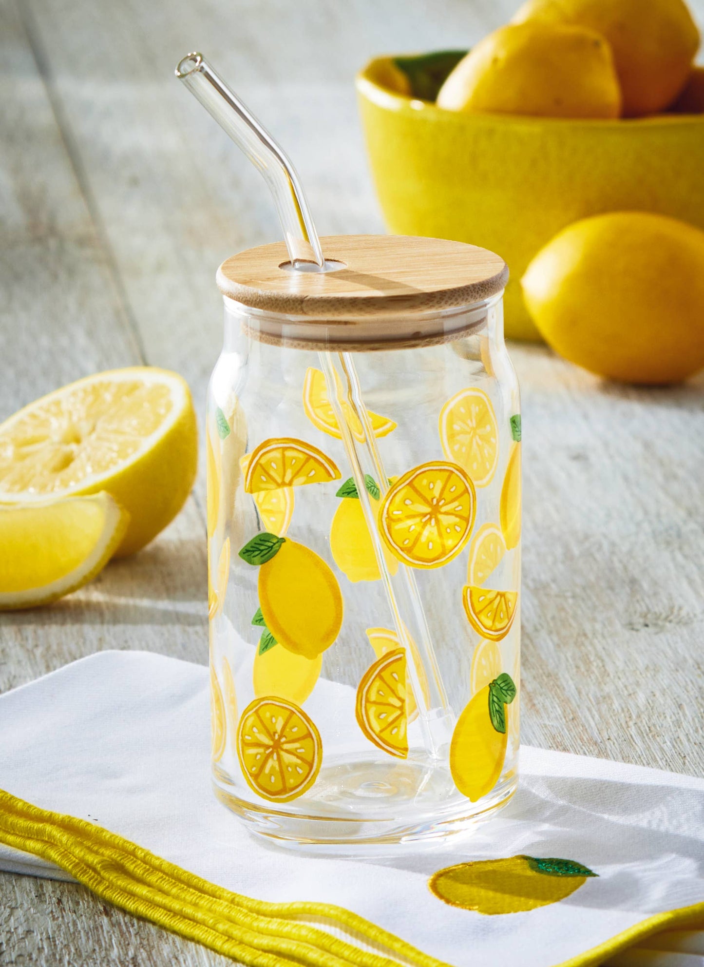 tag - Lemon Lidded Glass Tumbler W Straw Yellow Multi Summer