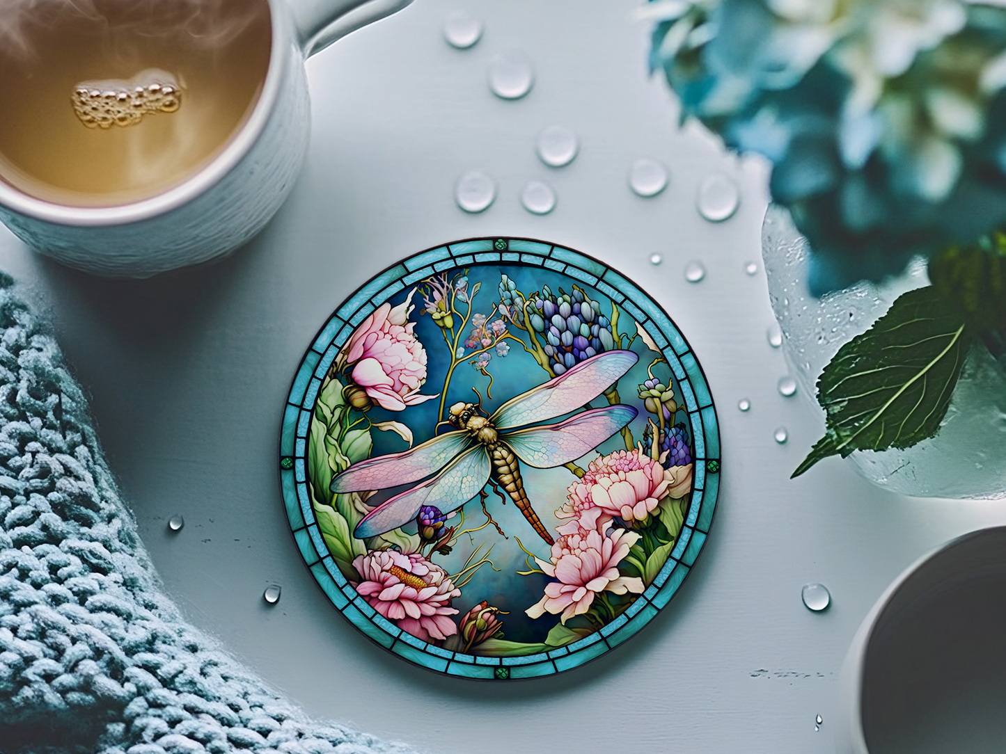 Fernville Creations - Dragonfly Coaster with Pink Flower for Coffee Table Decor