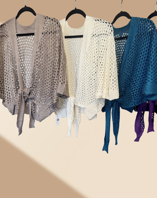 JC Sunny Fashion - JC063344 Eyelet Open-Knit Metallic Cardigan with Front Tie