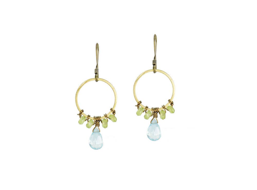 Edgy Petal Jewelry - Sky Blue Topaz and Peridot Beaded Wrapped Hoop Earrings