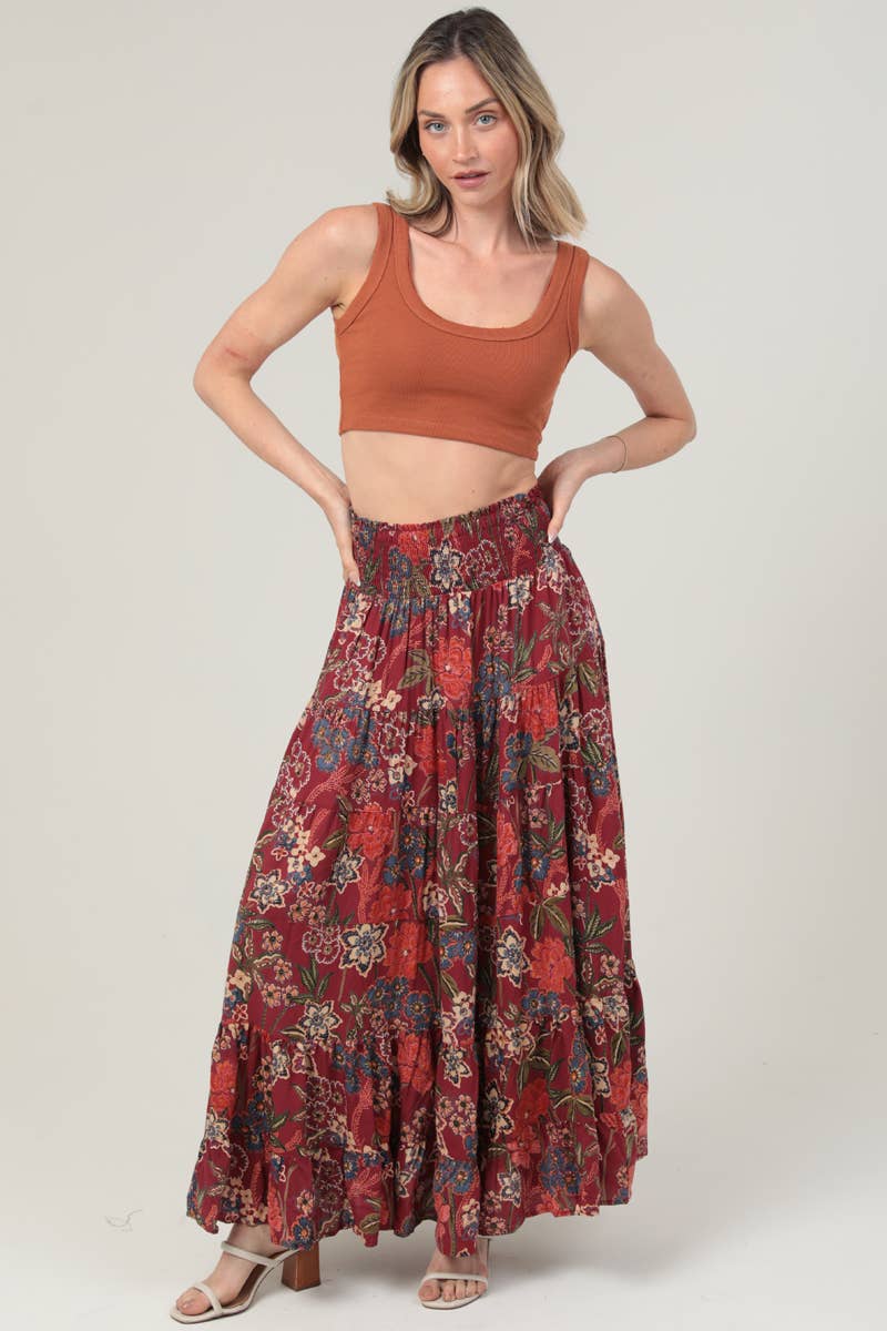 ANGIE - 26P57-FR38 TIERED A LINE SMOCKED WAIST PRINTED MAXI SKIRT