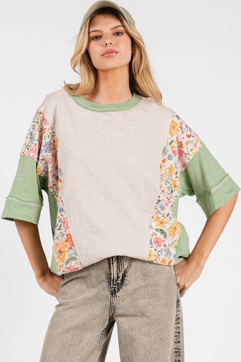 Sewn and Seen - WASHED FLORAL PATCHWORK OVERSIZED CONTRAST TEE