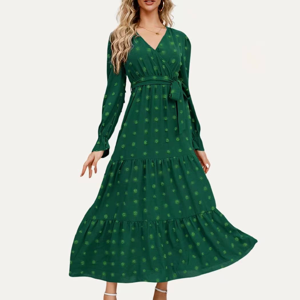 The Moment Collection - Classic Swiss Dot Surplice Neck Long Sleeve Maxi Dress