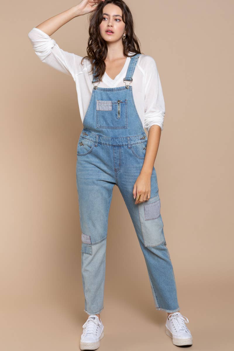 Pol Clothing - Front Chest Zipper Denim Overalls with Slim Legs