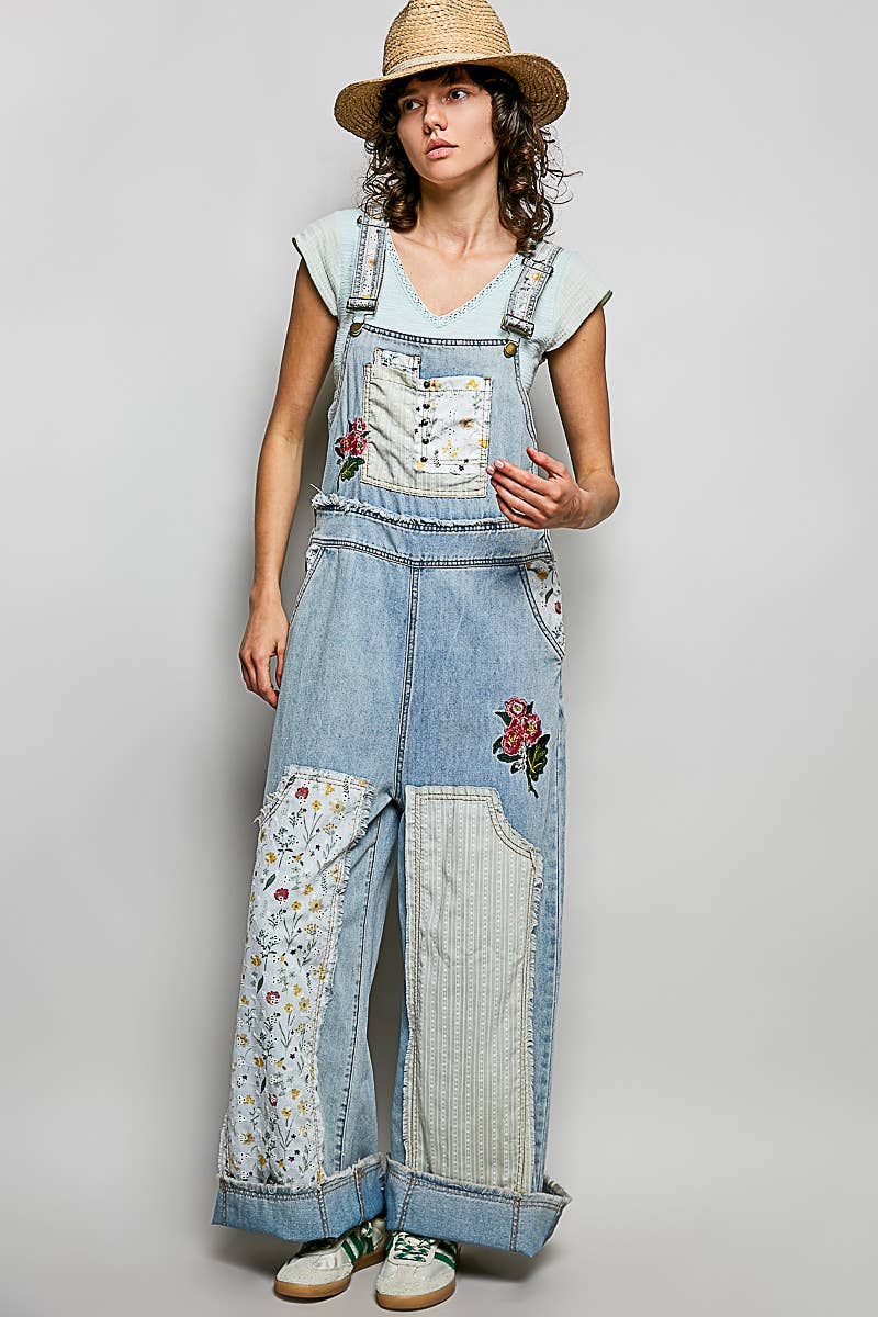 Pol Clothing - Oversized Fit Floral Patchwork Embroidery Overall