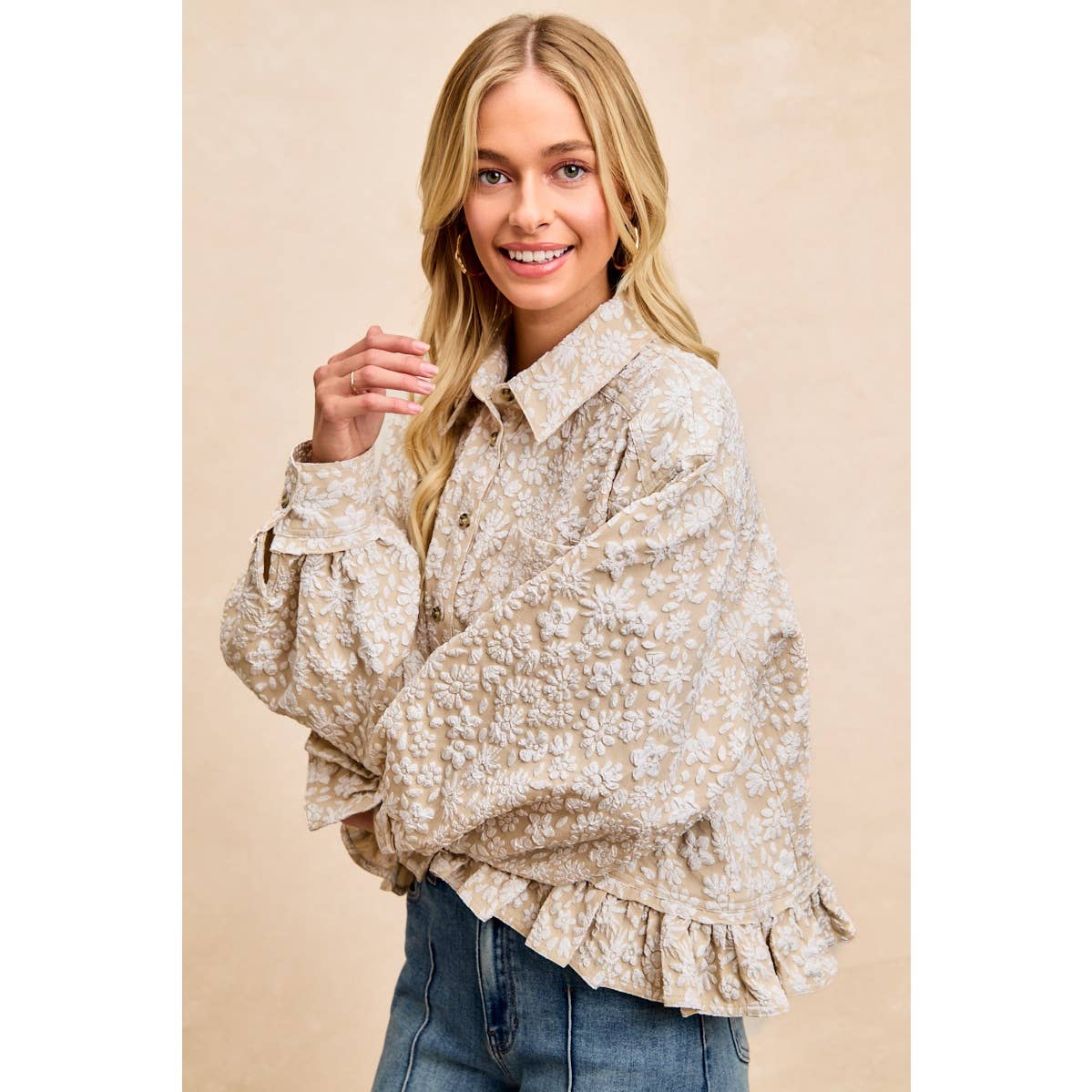 BiBi - TEXTURED FLORAL PATTERN RUFFLED HEM SHIRT TOP