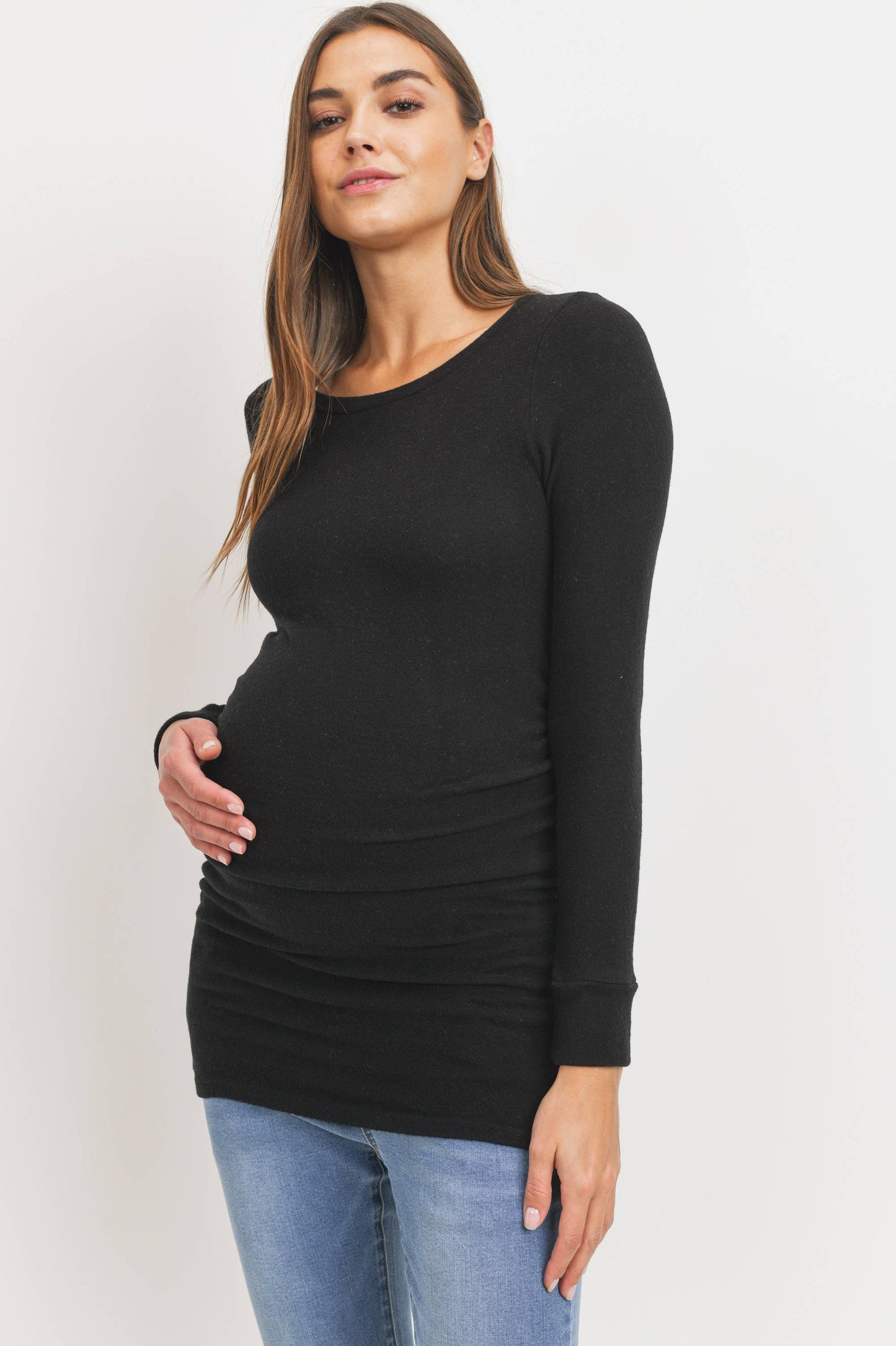 Hello Miz - Ruched Long Sleeve Maternity Knit Top