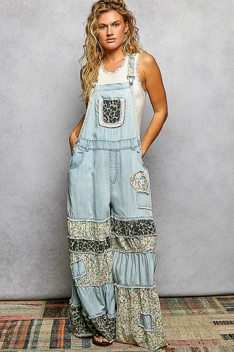 Pol Clothing - Feminine Mixed Printed Fabric Ruffle Wide Leg Overall