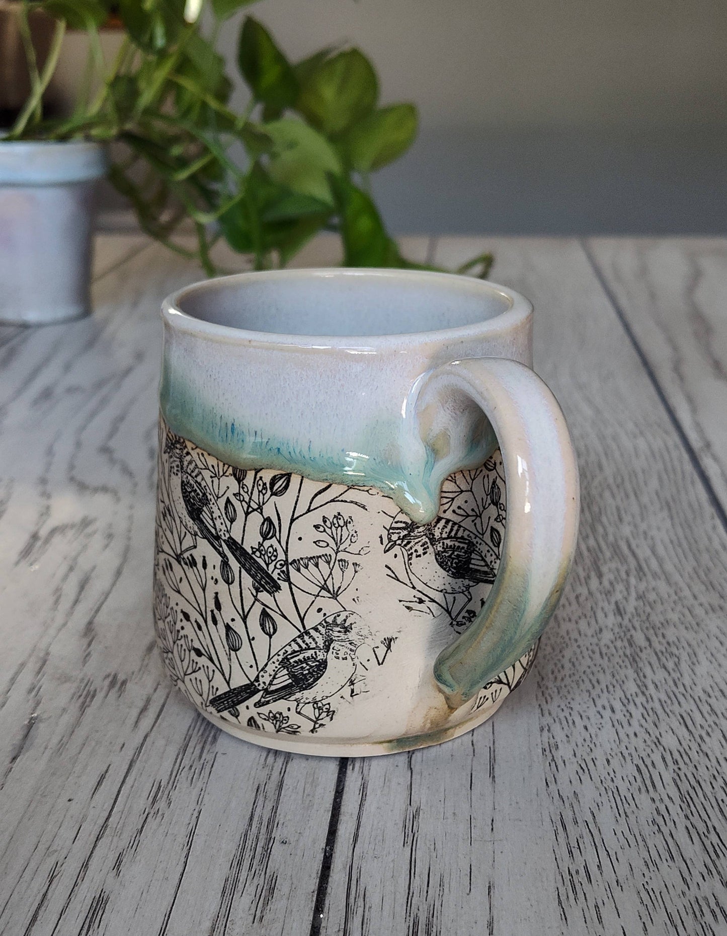 Rise and Design Art Studio - Floral Bird Textured Mug with Green Accents (12–16oz)