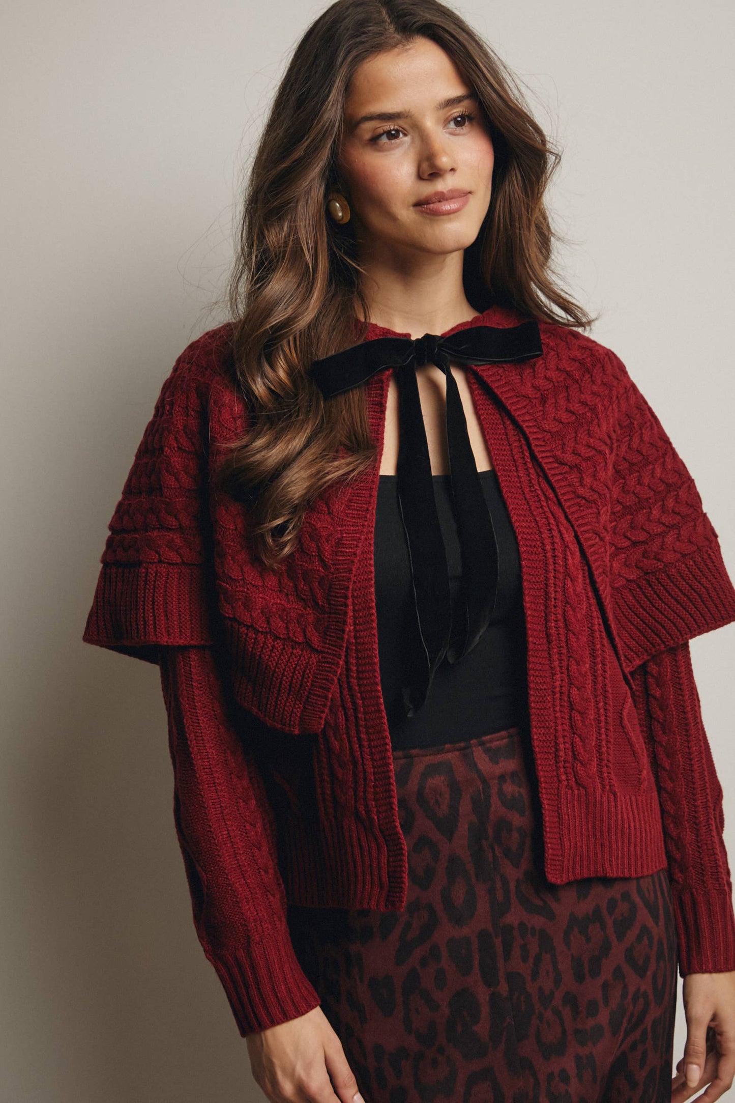 Forte - Cable Knit Capelet Cardigan with Velvet Bow FSW0017