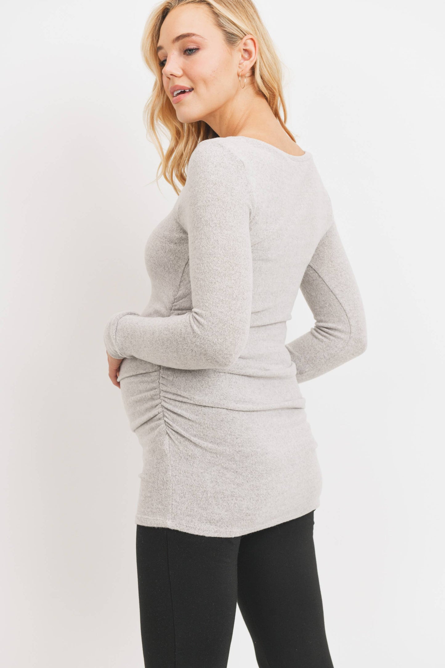 Hello Miz - Ruched Long Sleeve Maternity Knit Top