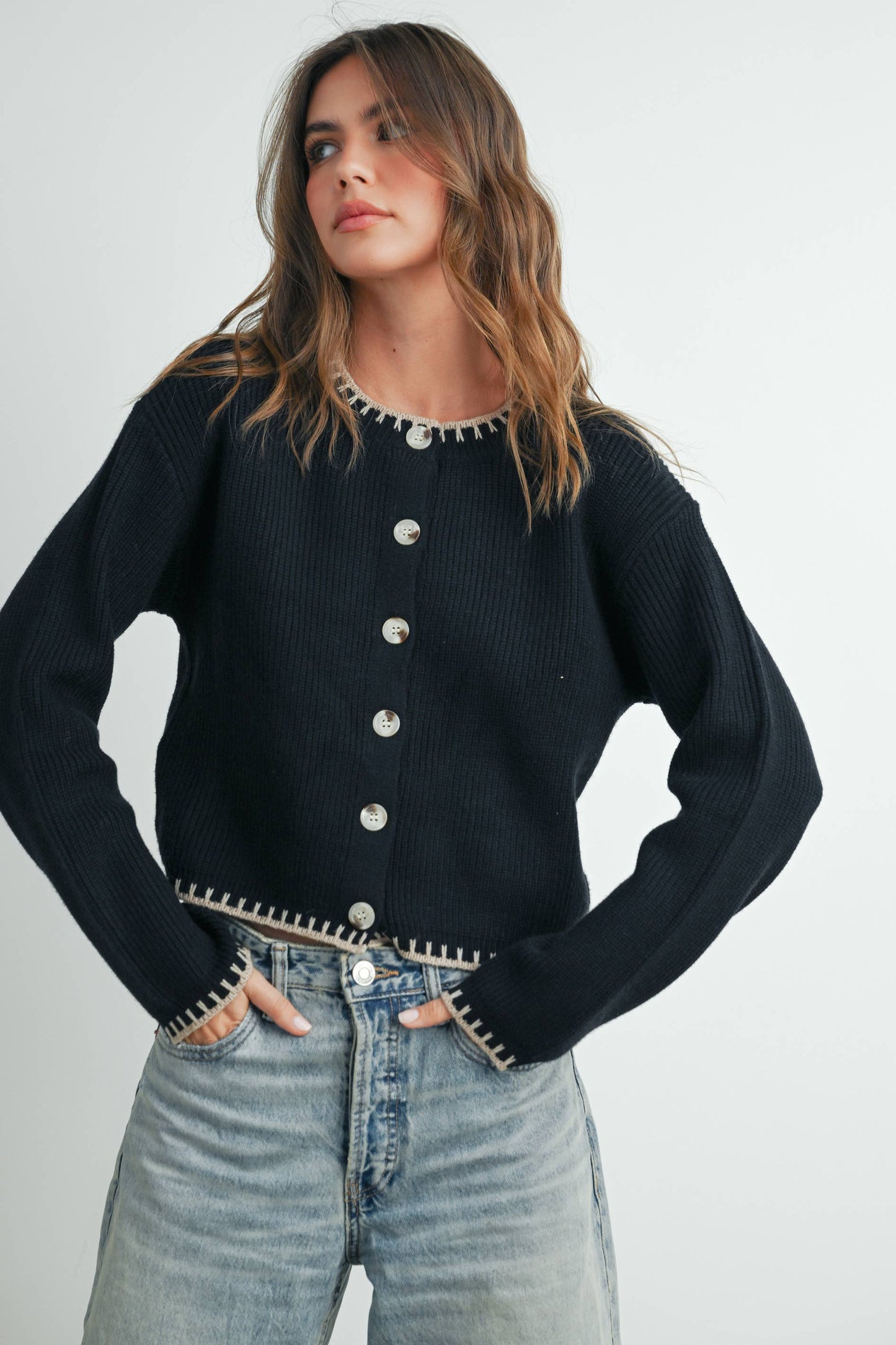 BUTTERMELON - Women's Crewneck Cardigan Sweater - BMC7526