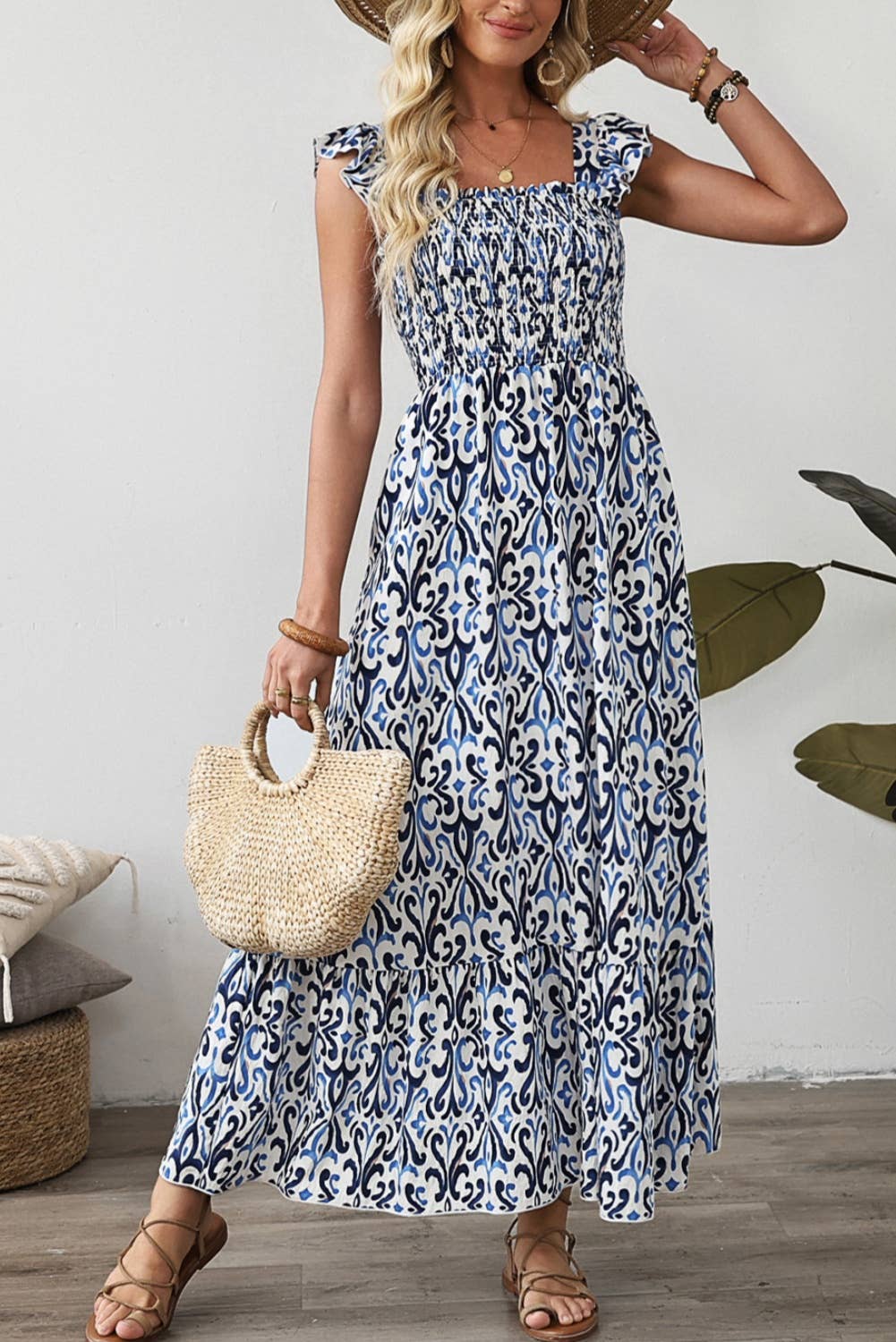 1 the Woman - Boho Print Smocked High Waist Maxi Dress