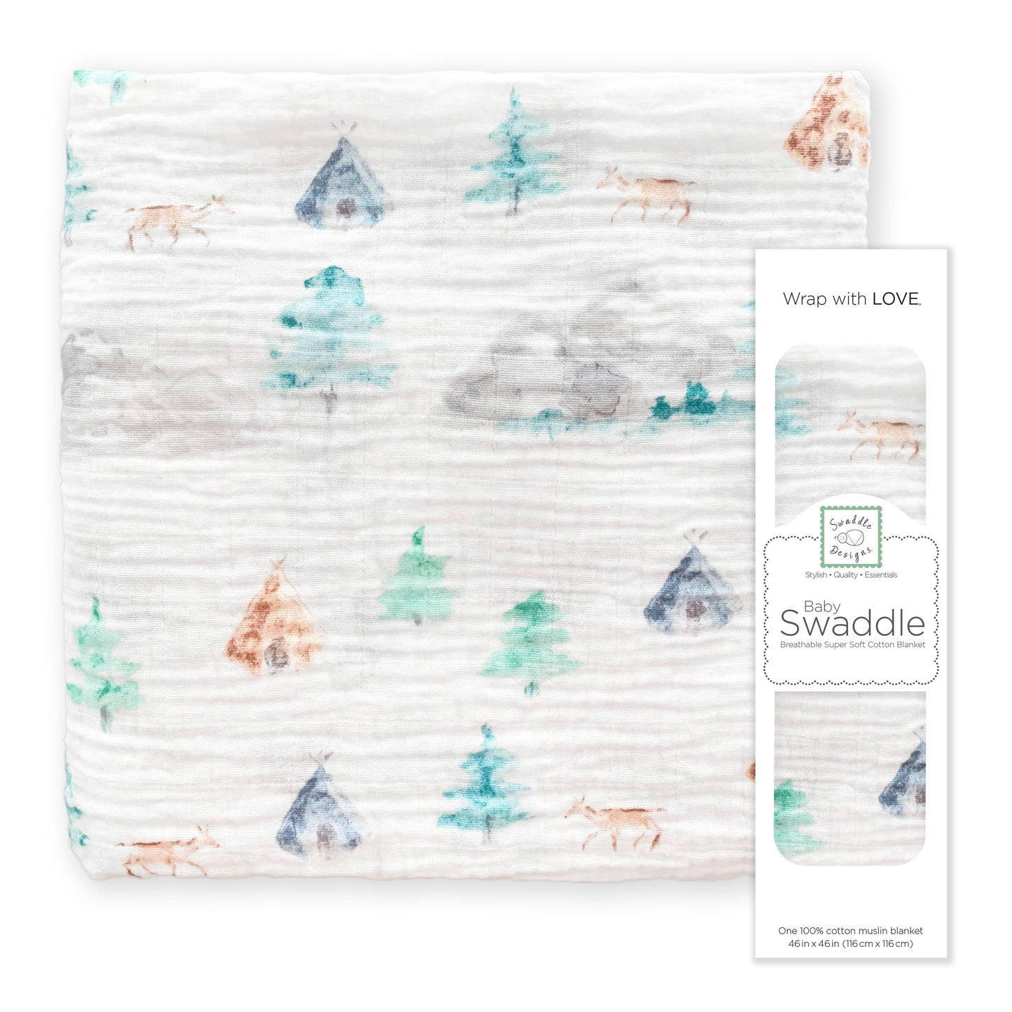 SwaddleDesigns - Watercolor Mountains & Trees Muslin Swaddle Blanket