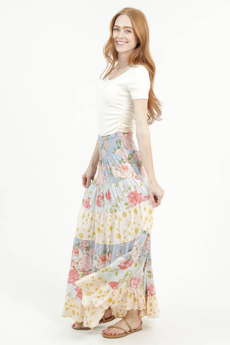 ANGIE - 26P57-WB24-WB25 MIX PRINT A LINE MAXI SKIRT WITH SMOCKED WAI