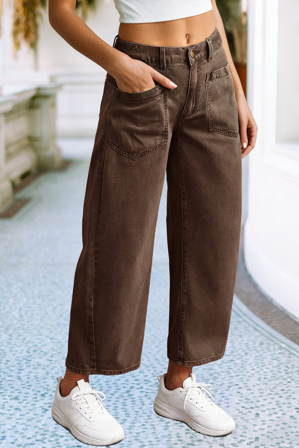 Little Daisy Closet - LDC Solid Square Patch Pocket Ankle-length Barrel Jeans