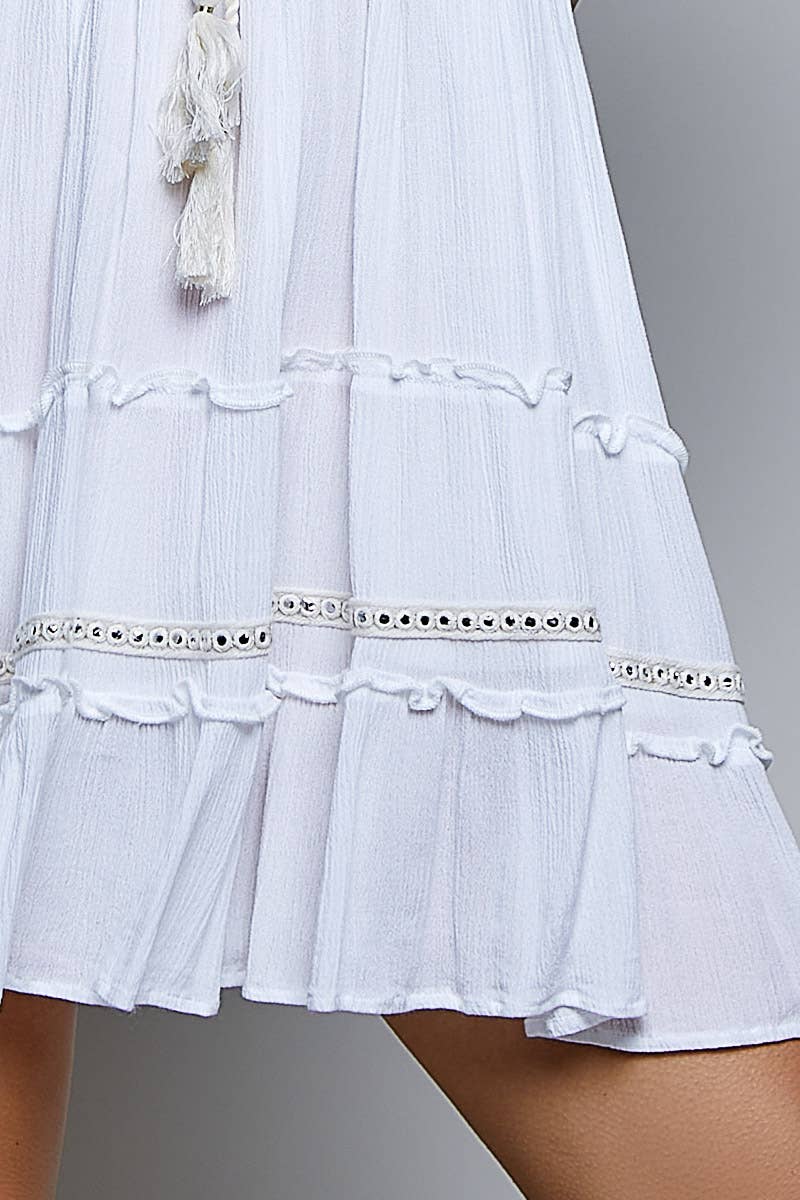 Pol Clothing - Vintage Denim Embroidered Smocked Ruffle Boho Dress