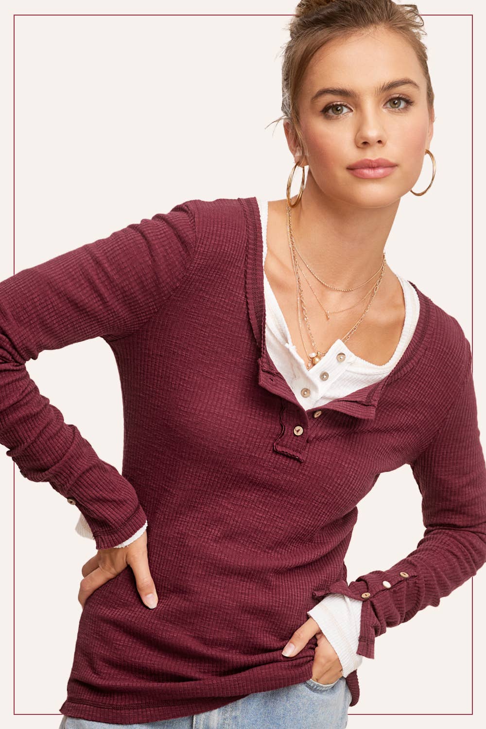 La Miel - JAT7559-Ribbed Henley Neck Stitched Fitted Long Sleeve Top