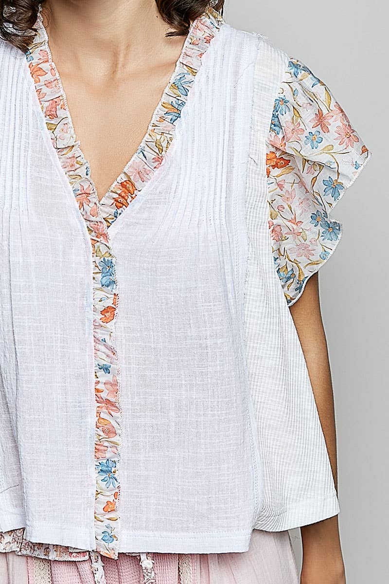 Pol Clothing - V neck Ruffle Sleeve Pintuck Contrast Woven Top