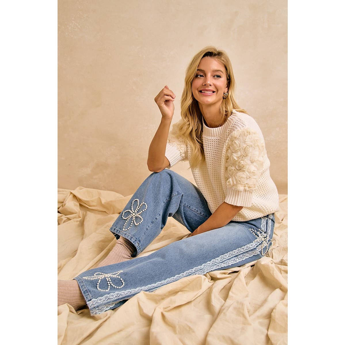 BiBi - LACE TRIM PEARL FLORAL WIDE LEG JEANS
