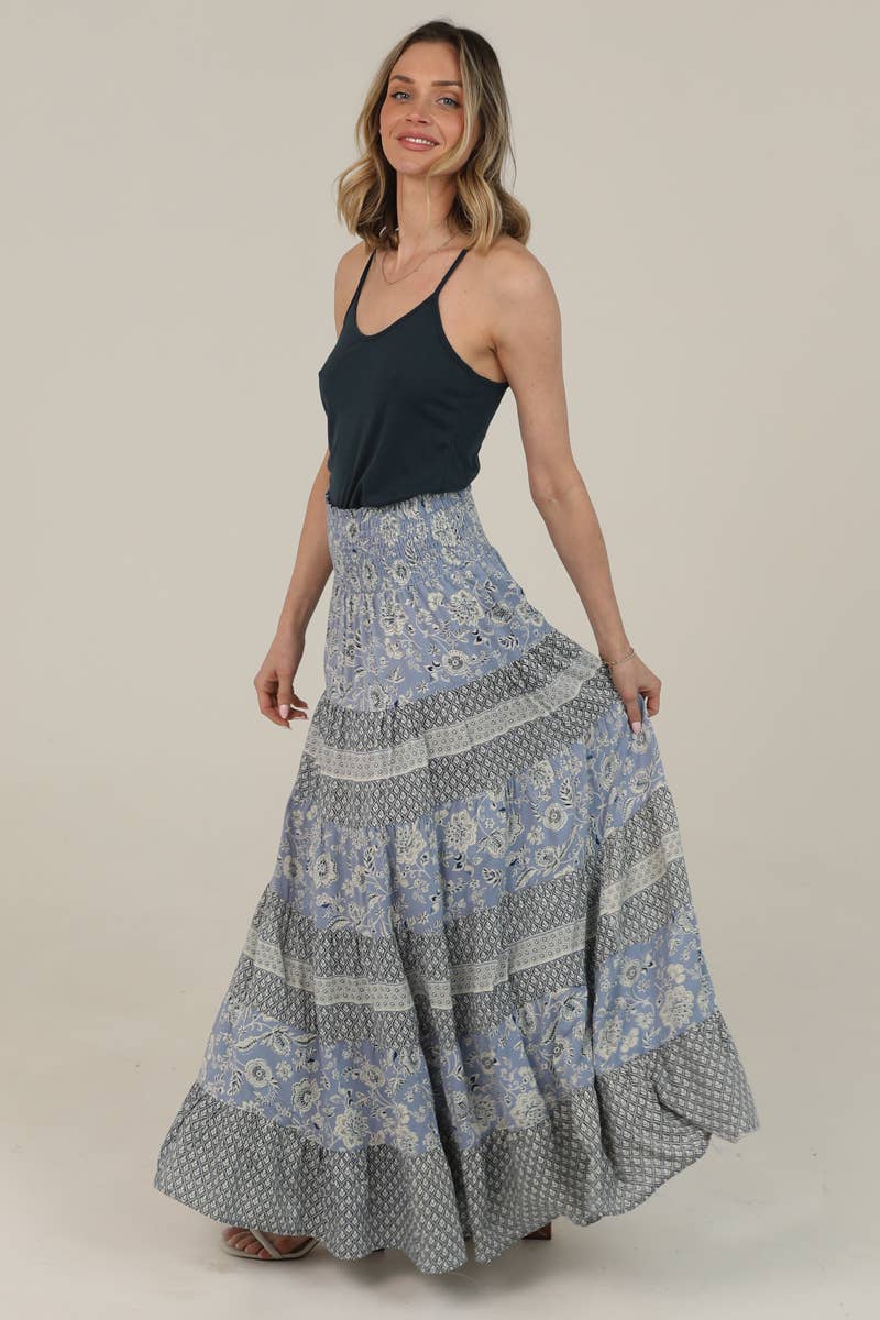 ANGIE - 26P57-WA26 TIERED A LINE SMOCKED WAIST MAXI SKIRT