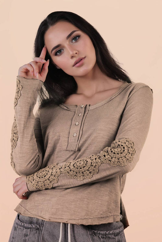 VERY J - NT12252-Sleeve Lace Trim Solid Knit Top