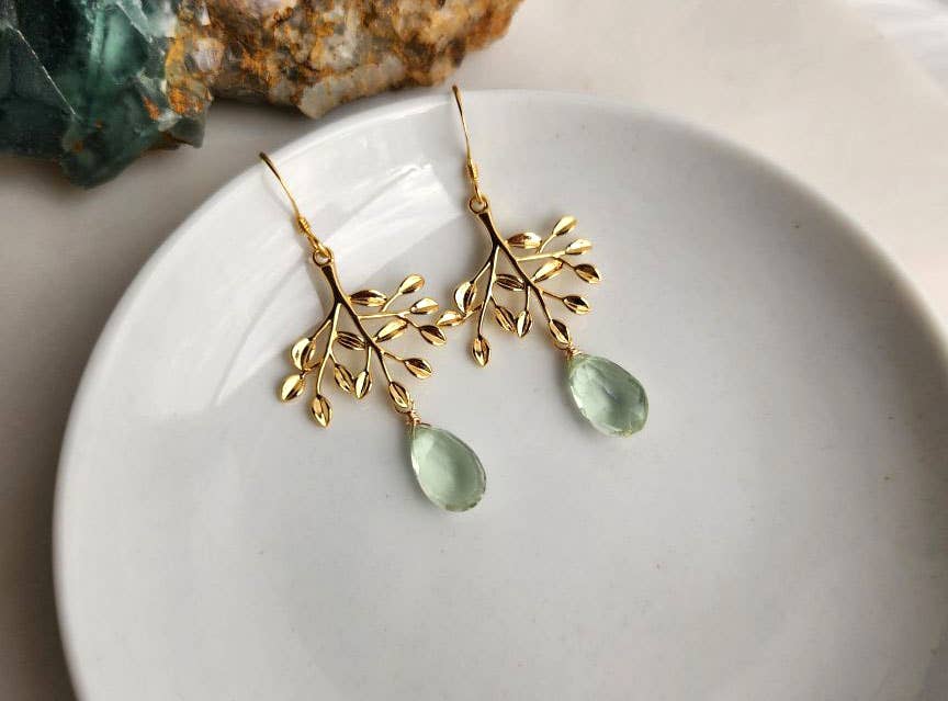 Edgy Petal Jewelry - Green Amethyst Gold Tree Earrings