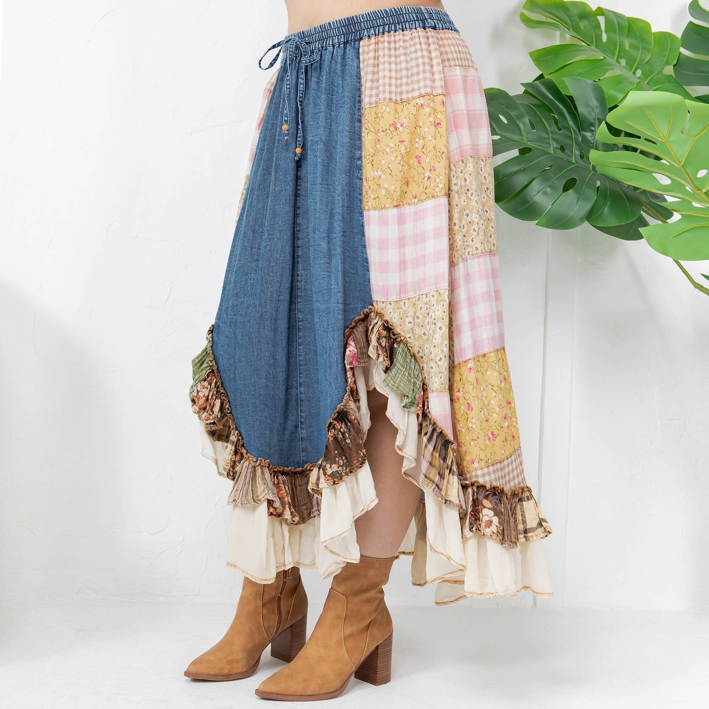 Young Threads - Western Boho Chic: Patchwork Midi Skirt