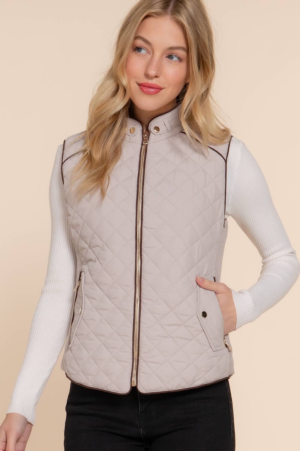 Active Basic | Active USA - Suede Piping Detail Rib Quilted Padding Vest