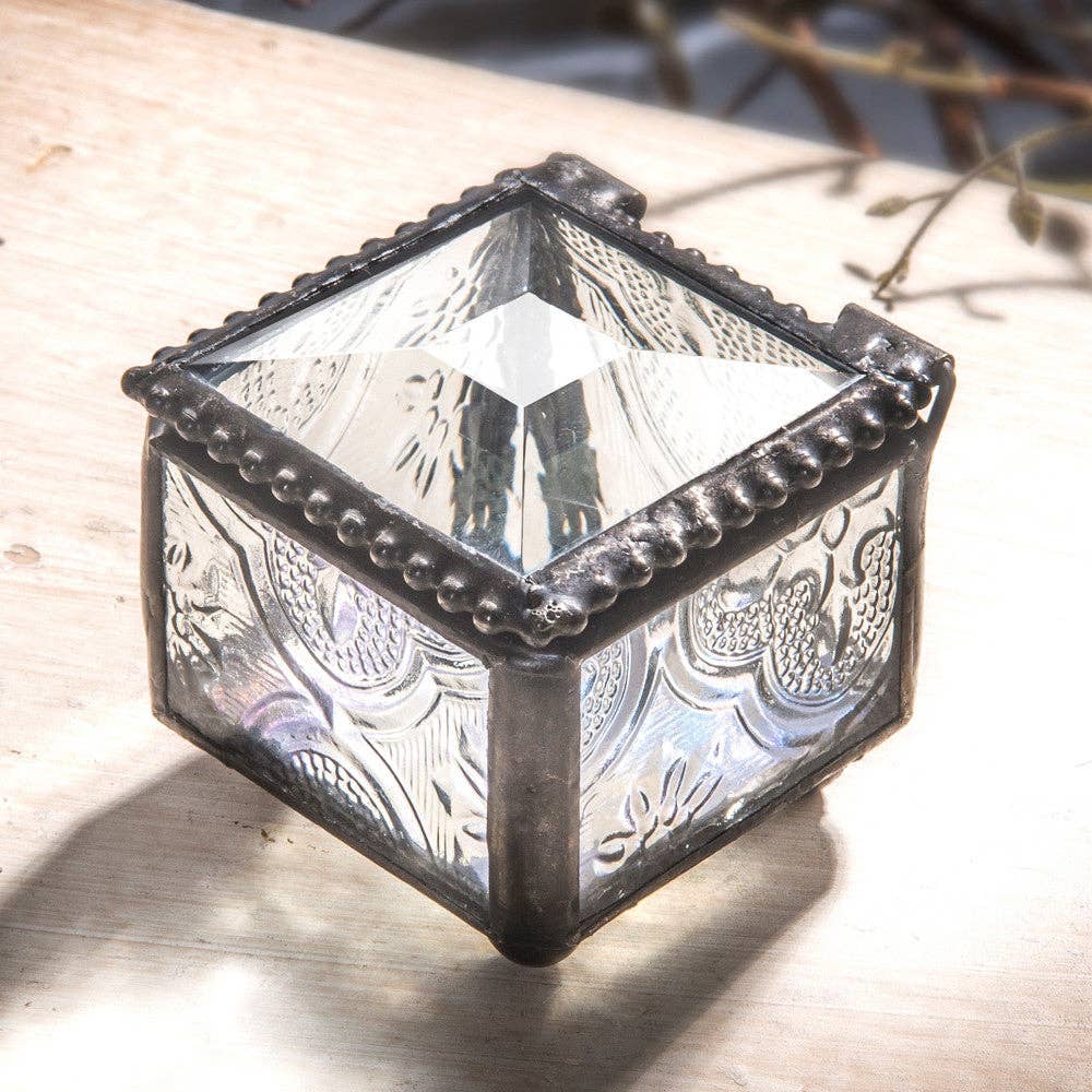 J Devlin Glass Art & Bert Anderson Collection - Small Glass Ring Box with Clear Vintage Patterned Glass