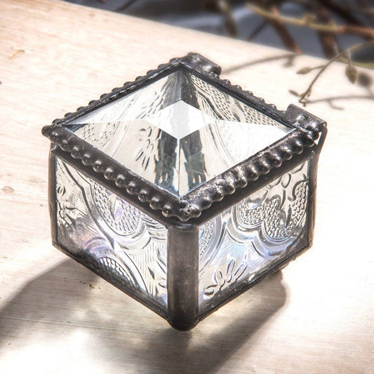 J Devlin Glass Art & Bert Anderson Collection - Small Glass Ring Box with Clear Vintage Patterned Glass