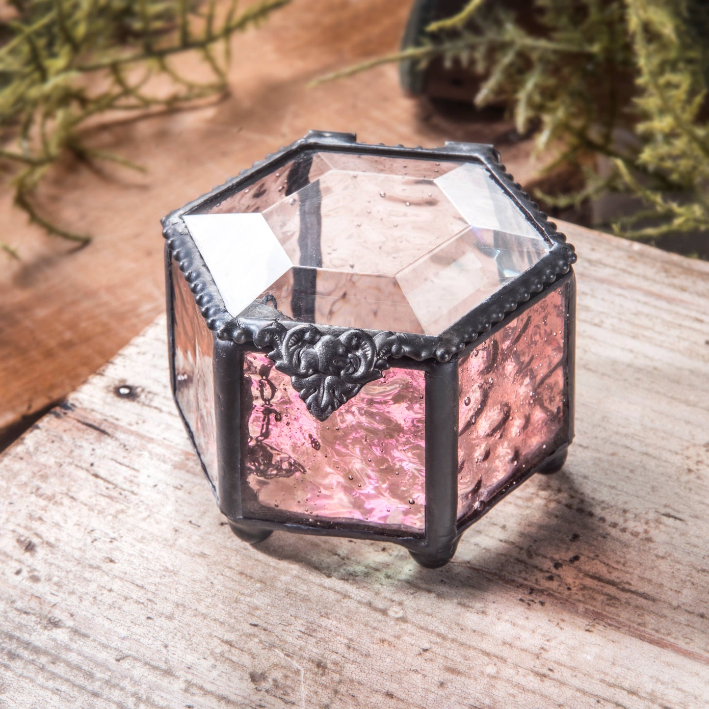 J Devlin Glass Art & Bert Anderson Collection - Jewelry Box Pink Rose Glass - Box 925