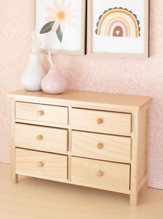 Macy Mae Dollhouse Designs - Dollhouse Wide Dresser | Wood Knobs