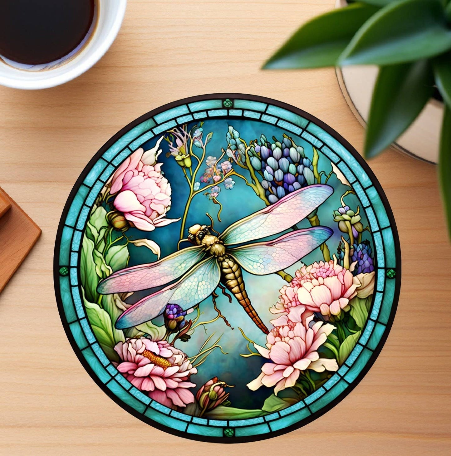 Fernville Creations - Dragonfly Coaster with Pink Flower for Coffee Table Decor
