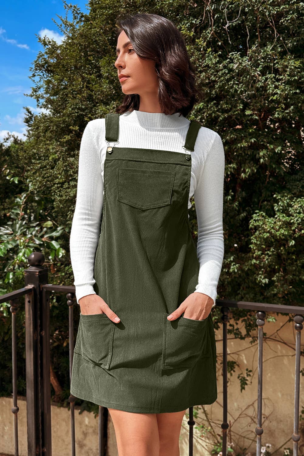 Solid Front Pockets Sleeveless Corduroy Overall Dress