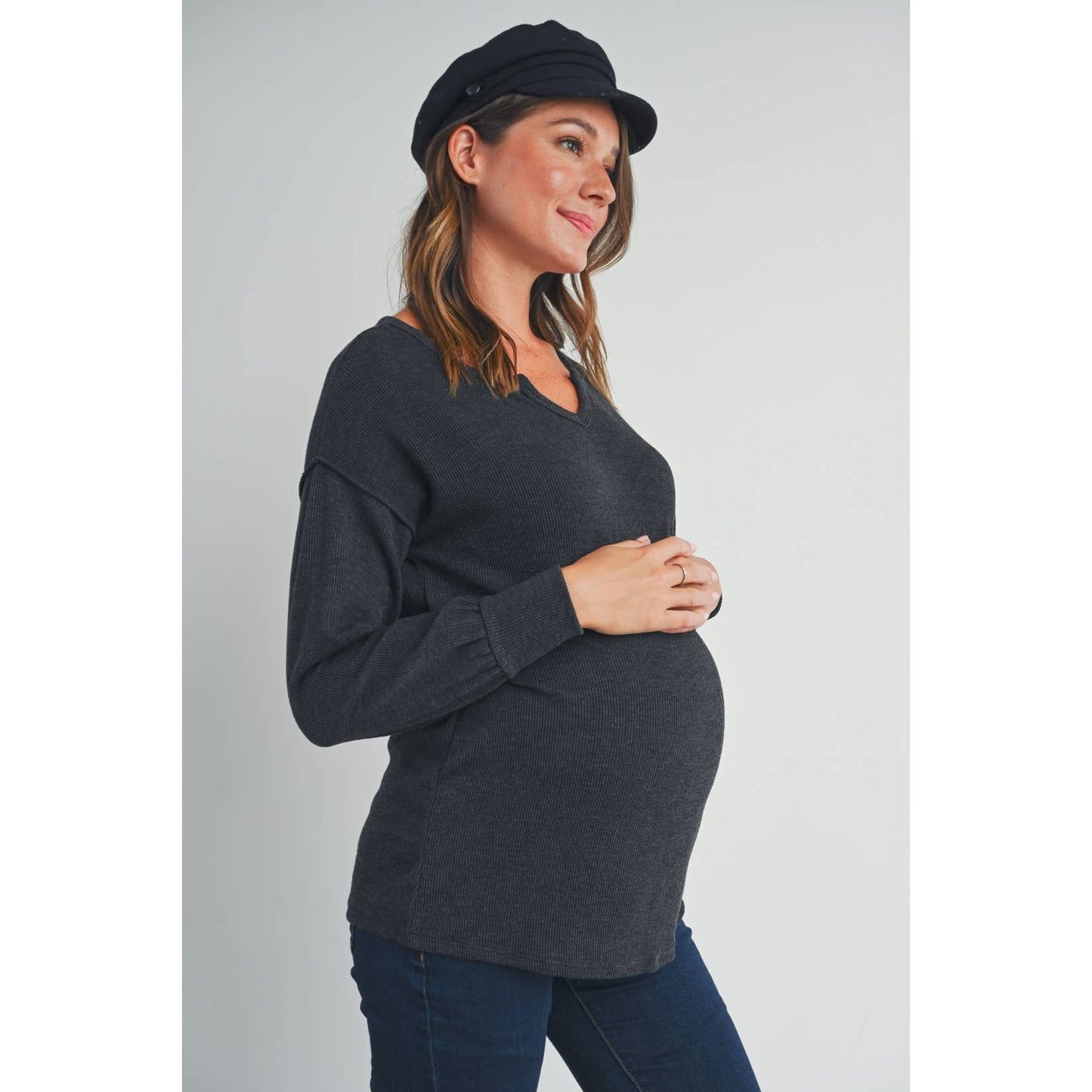 Hello Miz - Split Neck Long Sleeve Maternity Knit Top