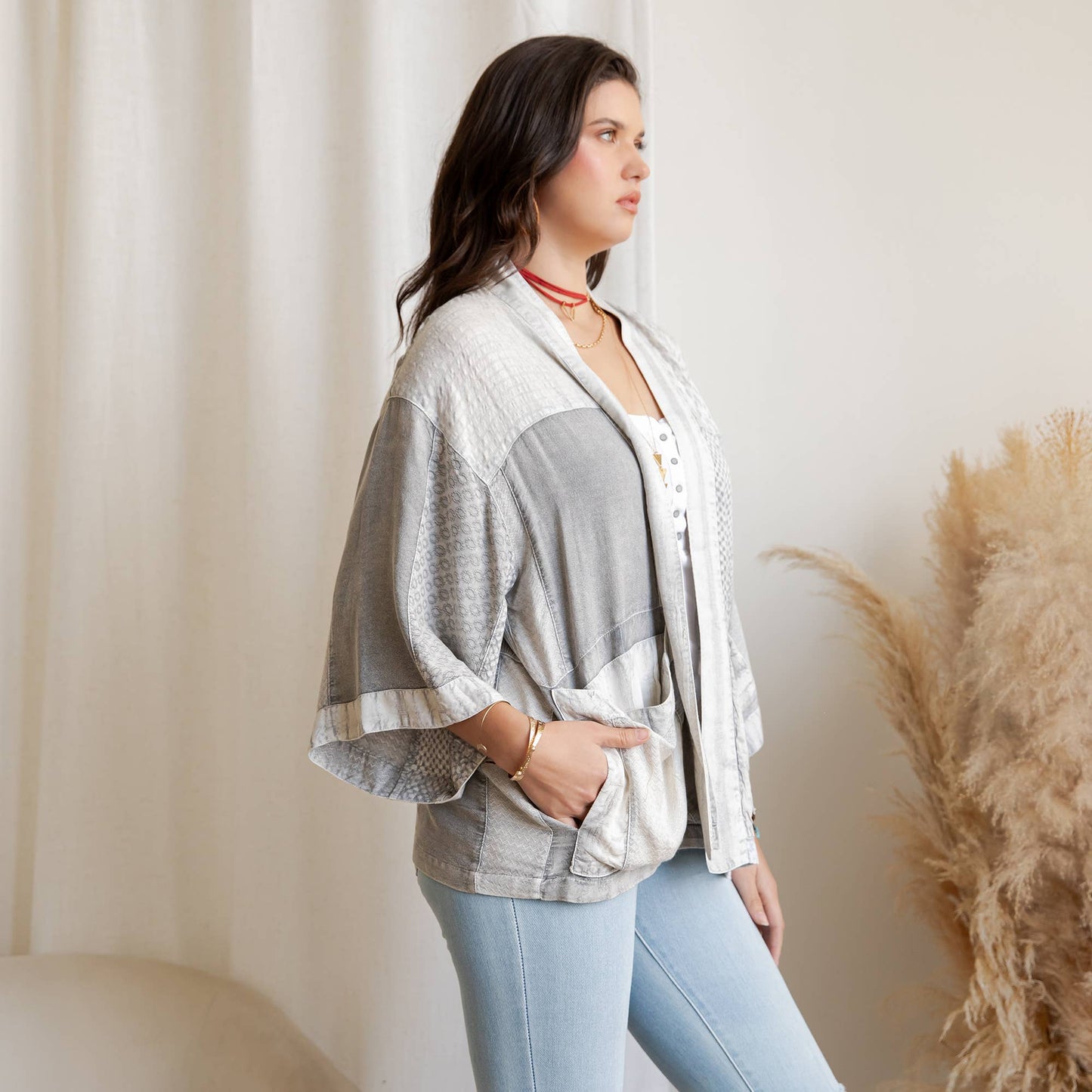Young Threads - Boho Textured Mixed-Print Kimono with Pouch Pockets