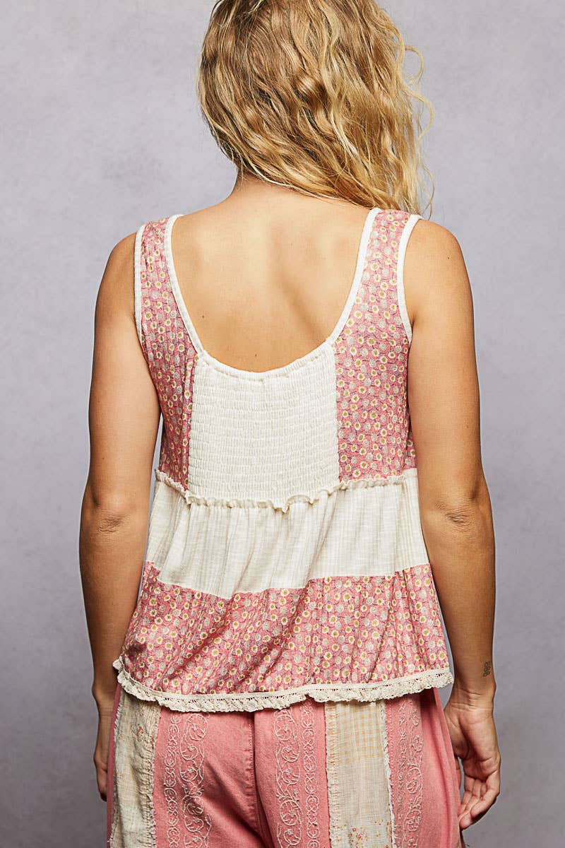 Pol Clothing - Floral Print Lace Round Contrast Neck Sleeveless Top
