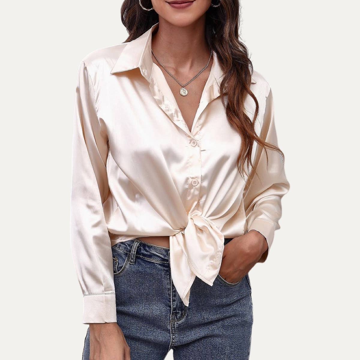 Easily Chic Solid Long Sleeve Button-Up Satin Shirt: BROWN / L