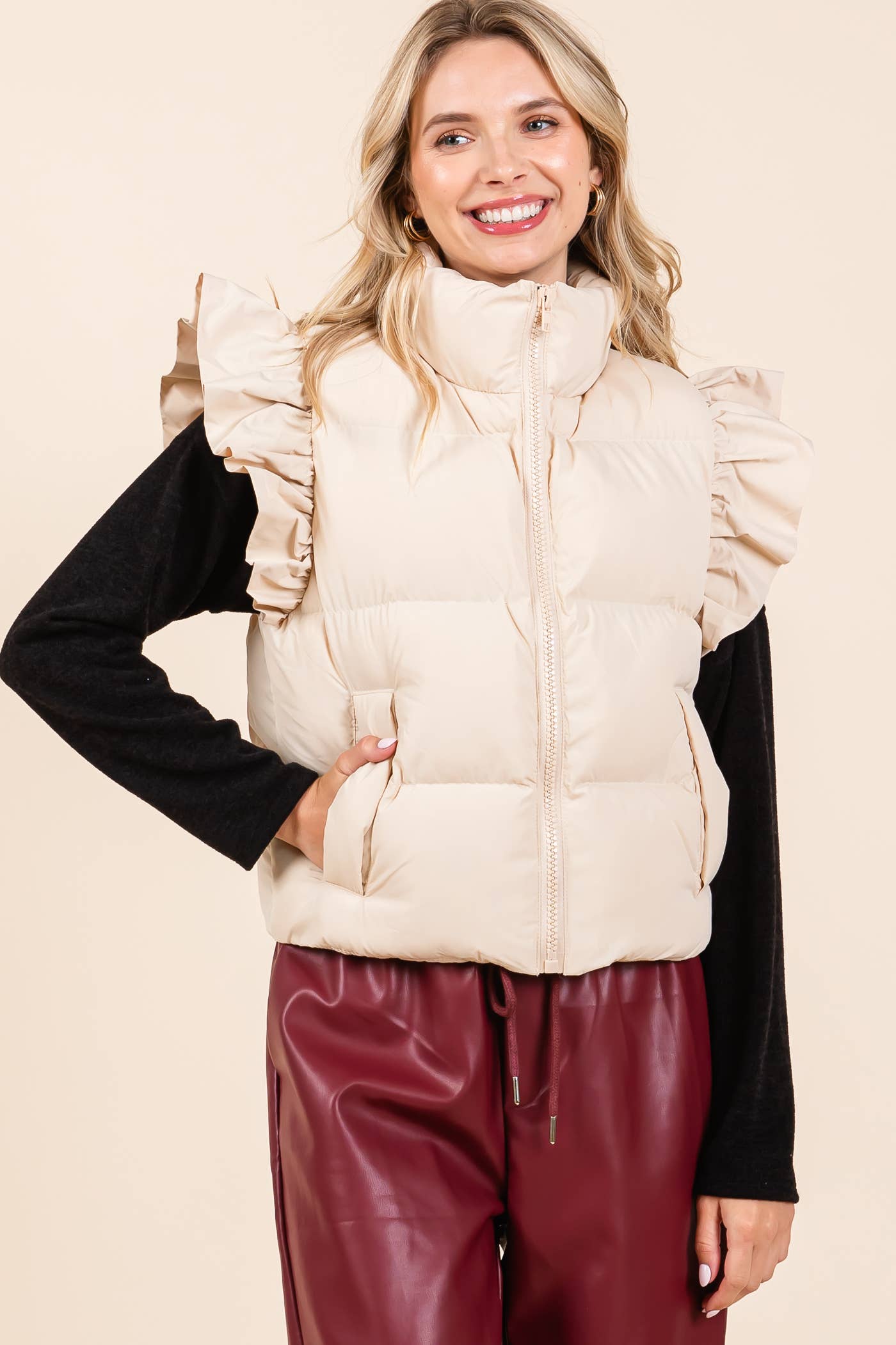 GeeGee Clothing - Ruffled Sleeve Puffer Vest, MJ4501