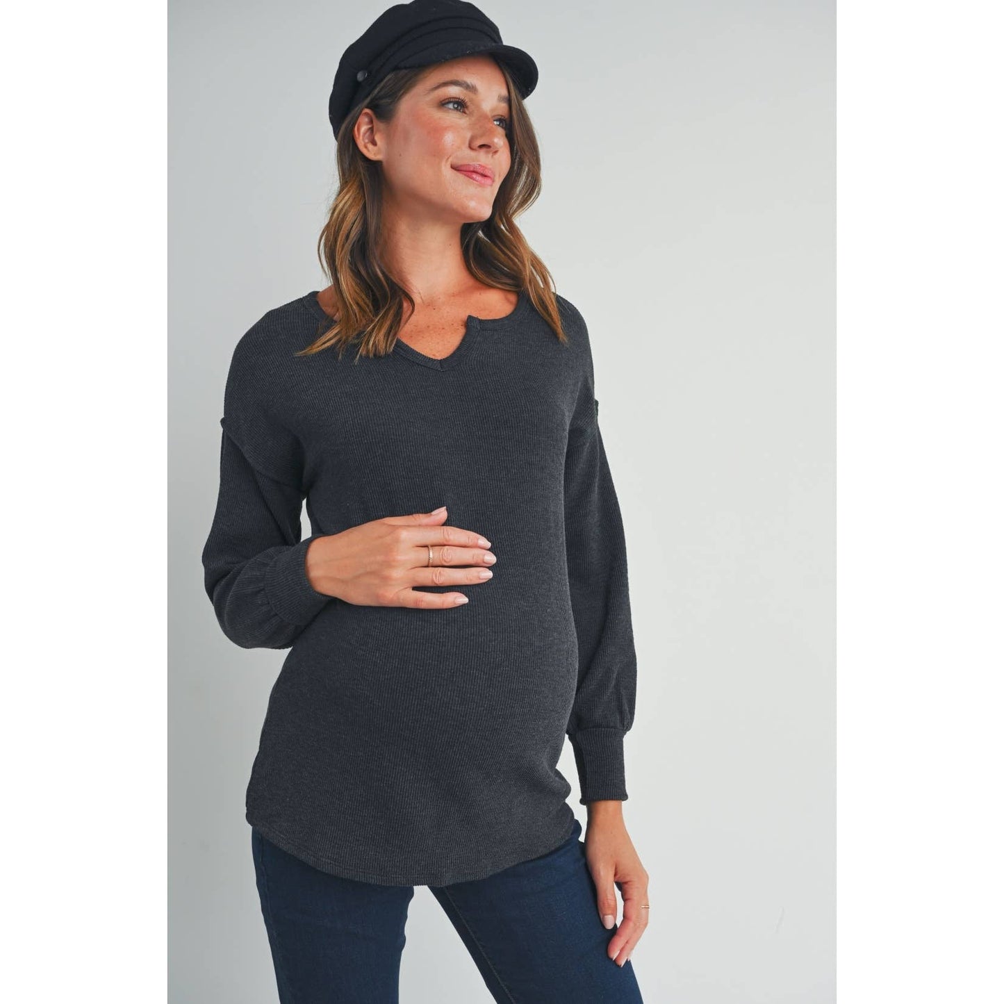 Hello Miz - Split Neck Long Sleeve Maternity Knit Top
