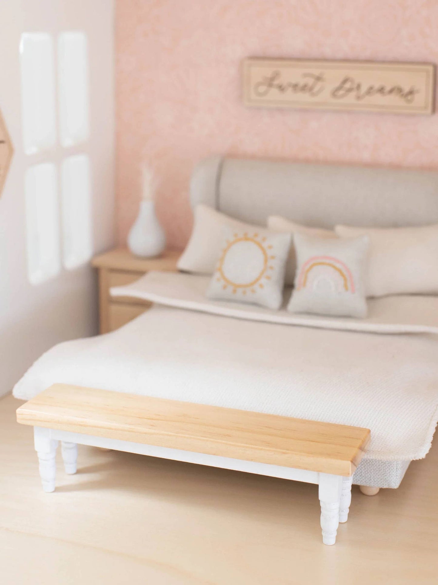 Macy Mae Dollhouse Designs - Dollhouse Classic Bench Seat | Natural Wood & White