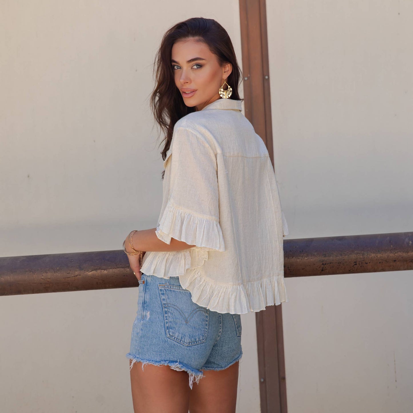 Young Threads - Distressed Denim Crop Jacket with Ruffled Hem