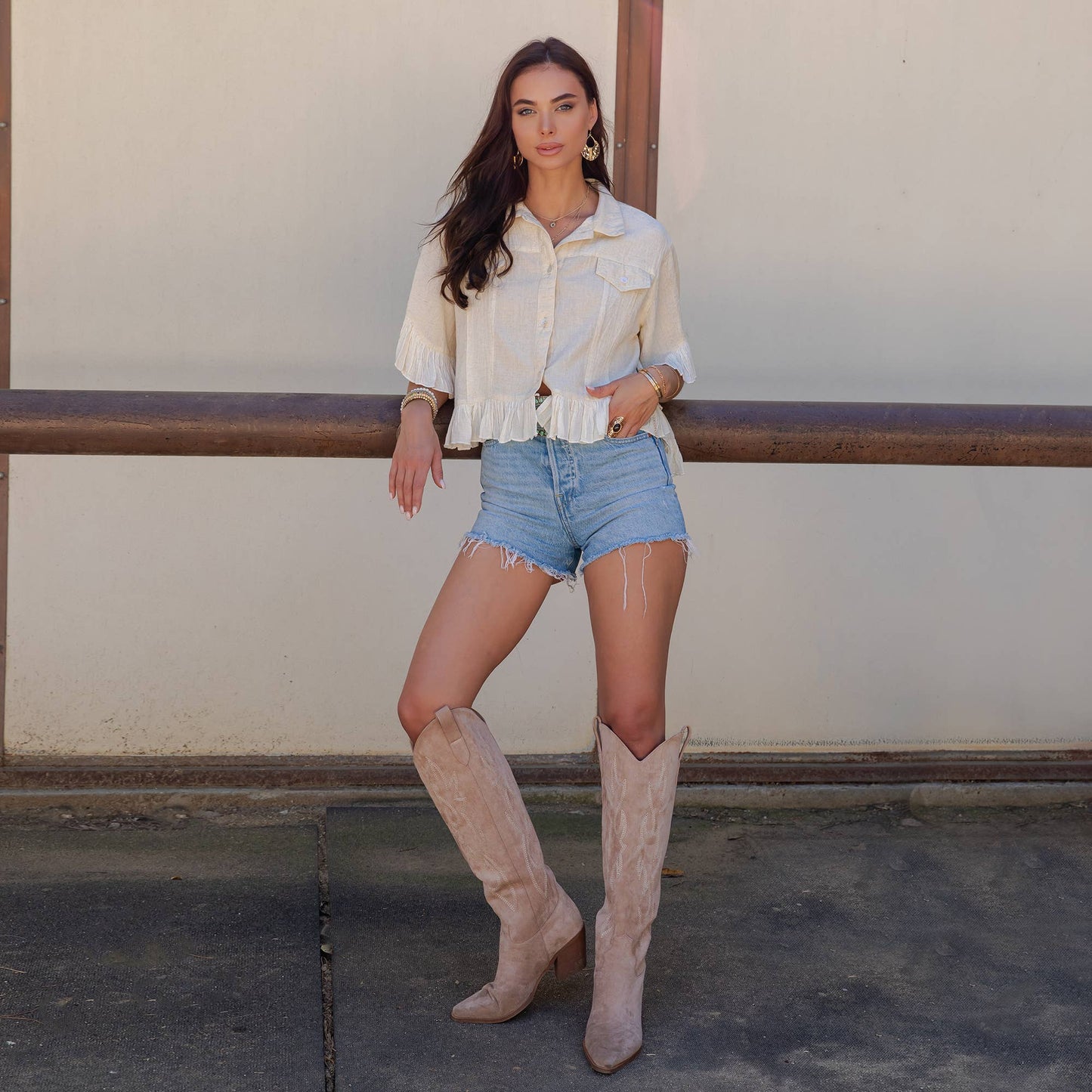 Young Threads - Distressed Denim Crop Jacket with Ruffled Hem