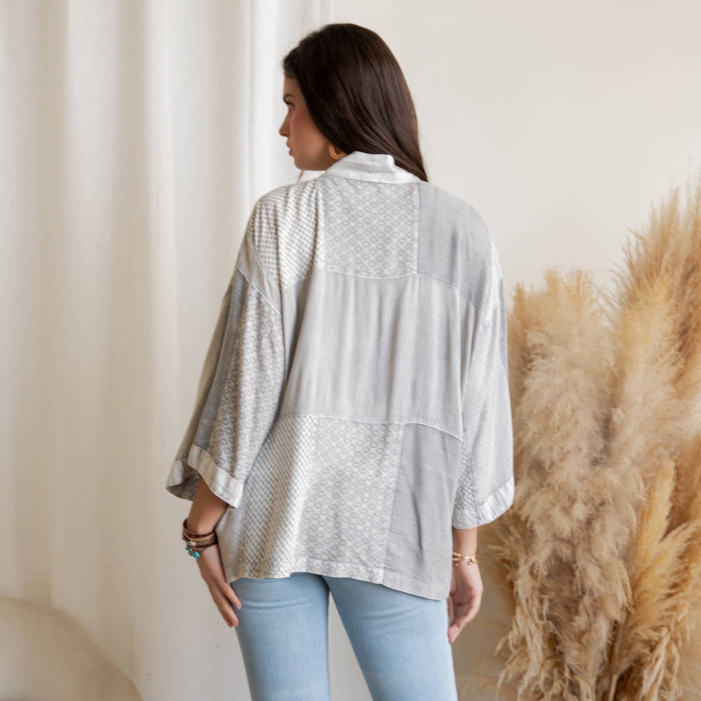 Young Threads - Boho Textured Mixed-Print Kimono with Pouch Pockets