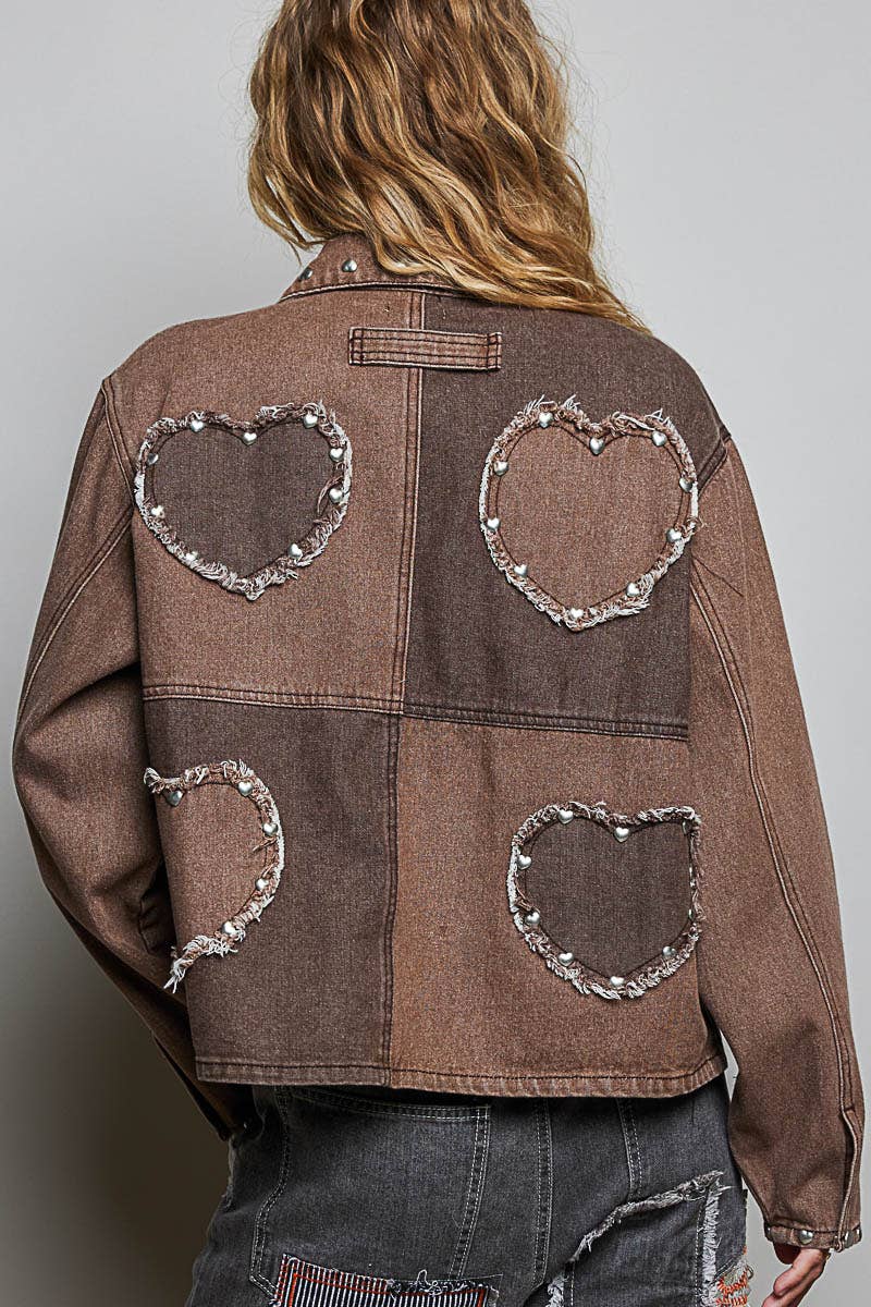 Pol Clothing - Heart-Shaped Patch Pockets Texture Stud Collar Woven Jacket