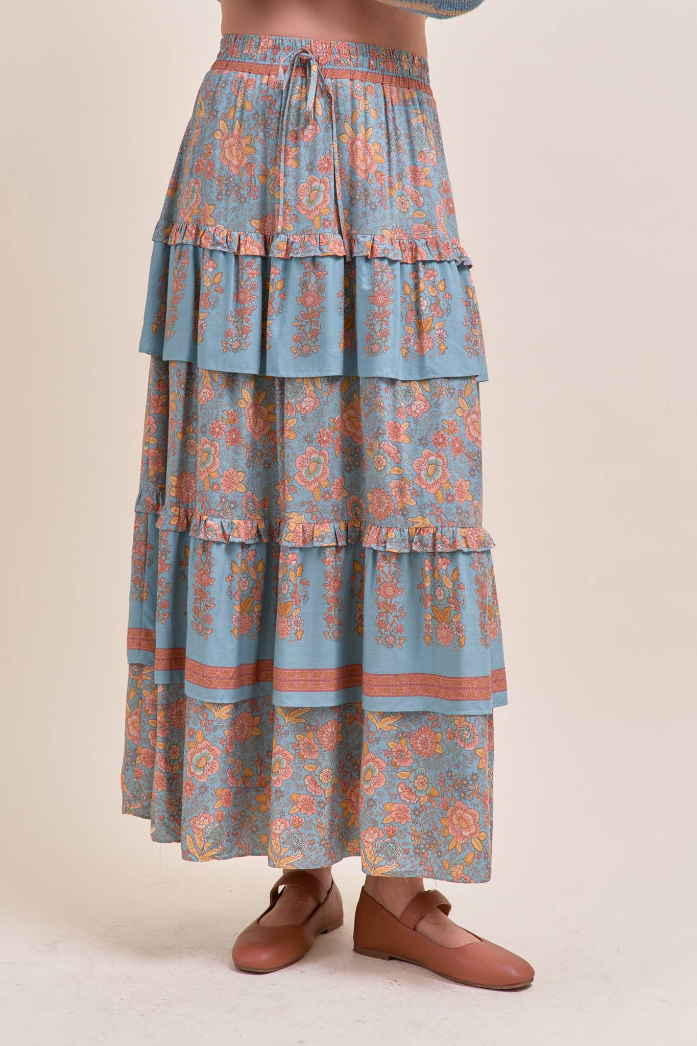 &MERCI - RUFFLE TIERED BORDER PRINT MIDI SKIRT MSK4166