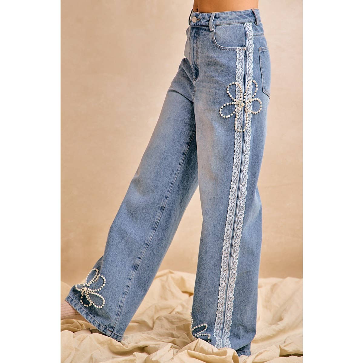 BiBi - LACE TRIM PEARL FLORAL WIDE LEG JEANS