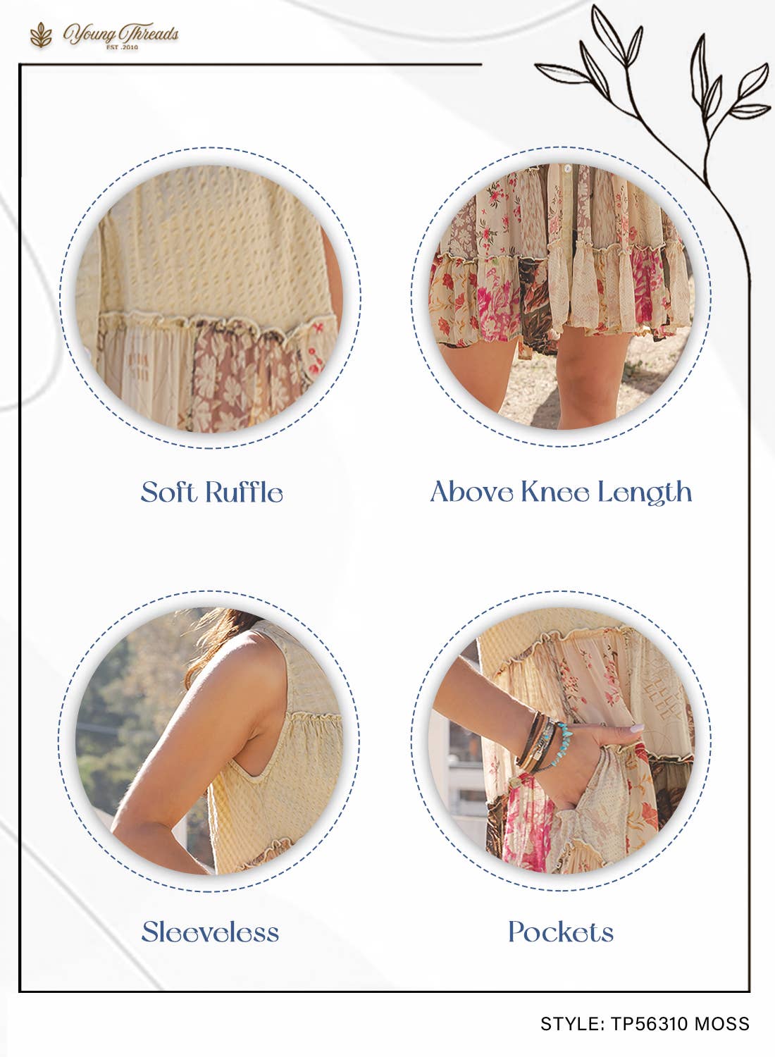 Young Threads - V-Neck Patchwork Tiered Sleeveless Jhabla Moss Color Top