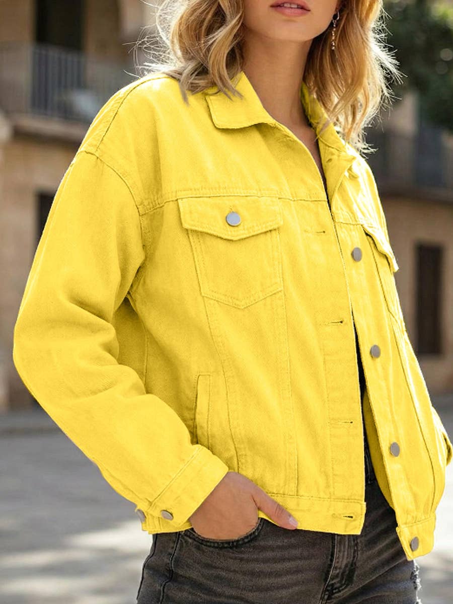 Lovenne - Solid color slim cropped denim jacket casual jacket